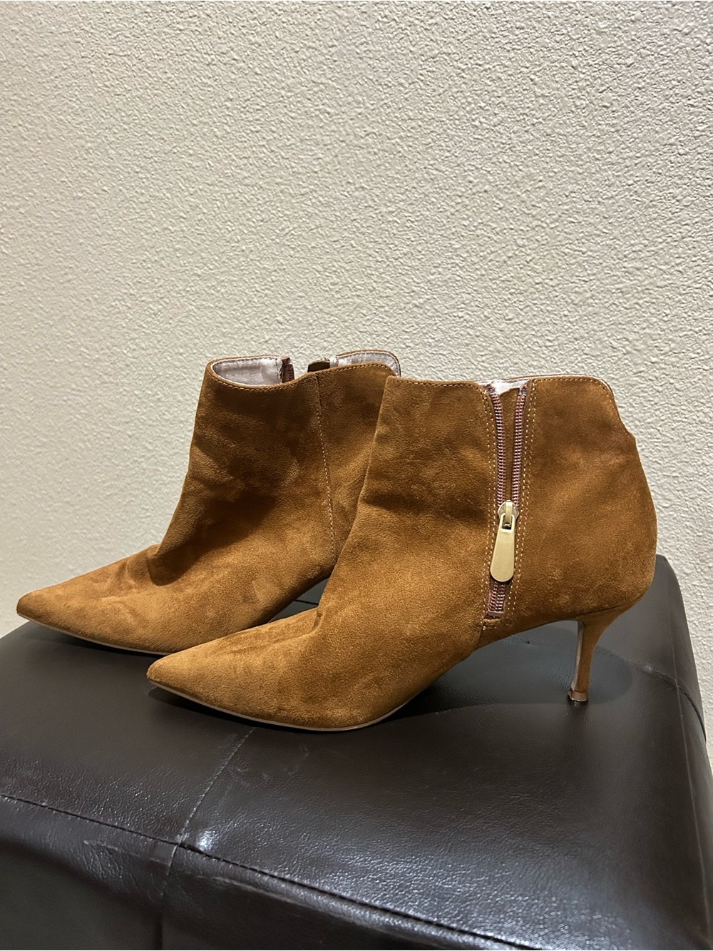 Charles David Tan Suede Pointed-Toe Ankle Booties with Side Zip